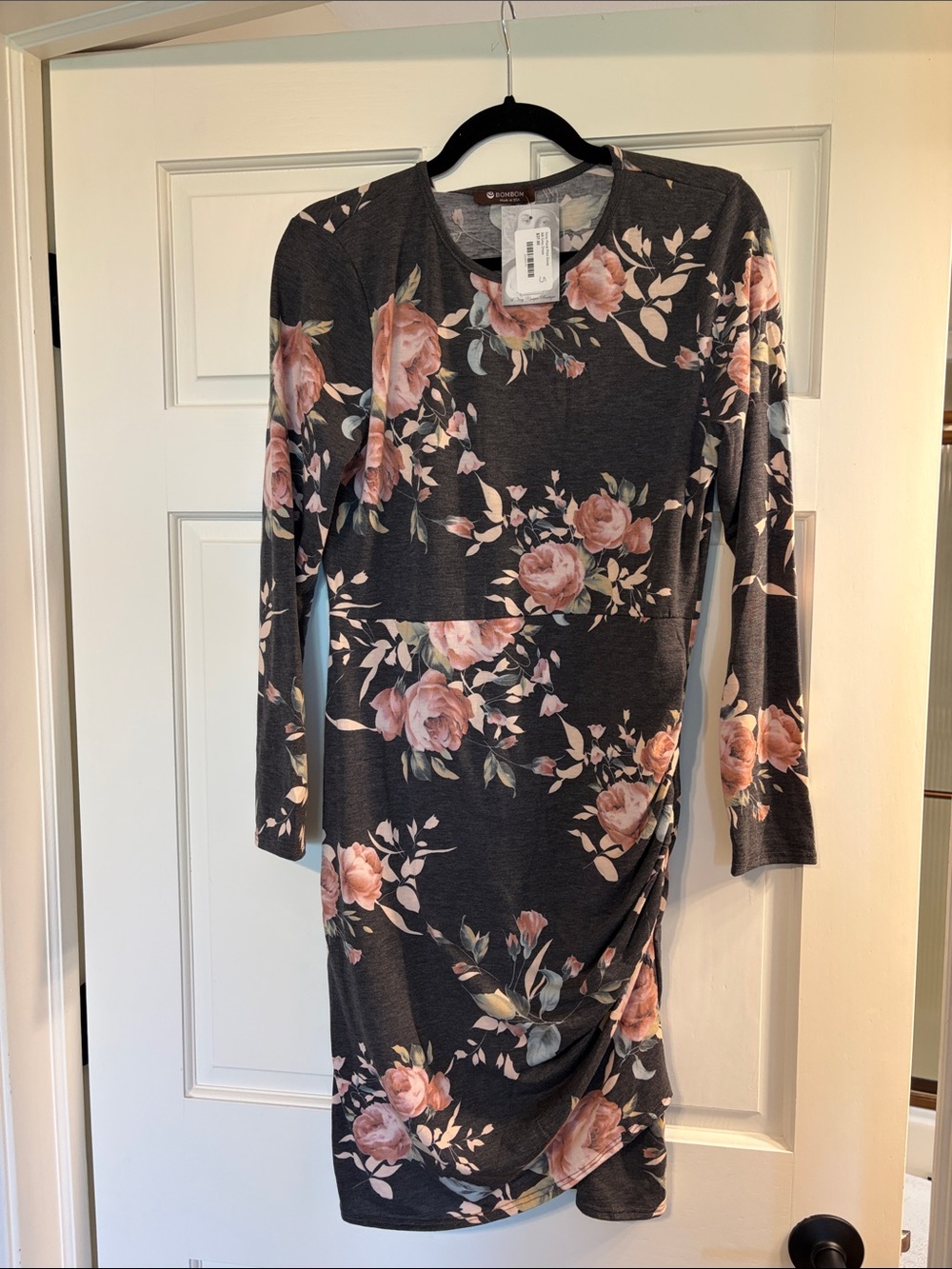 Dark Charcoal Long-Sleeve Floral Dress with Pink Rose Print